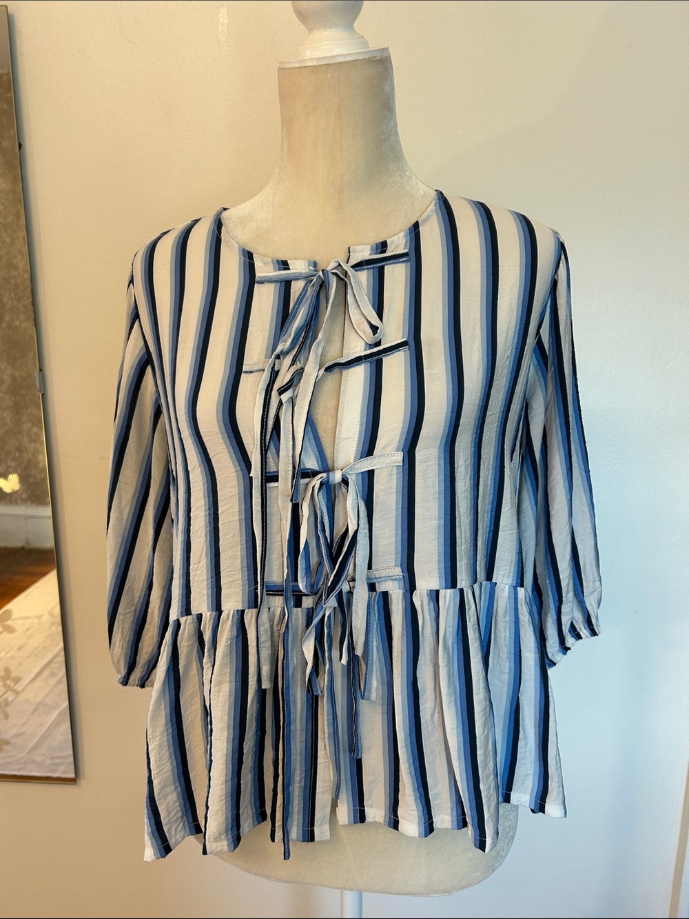 Striped Blue & White Tie-Front Peplum Tunic